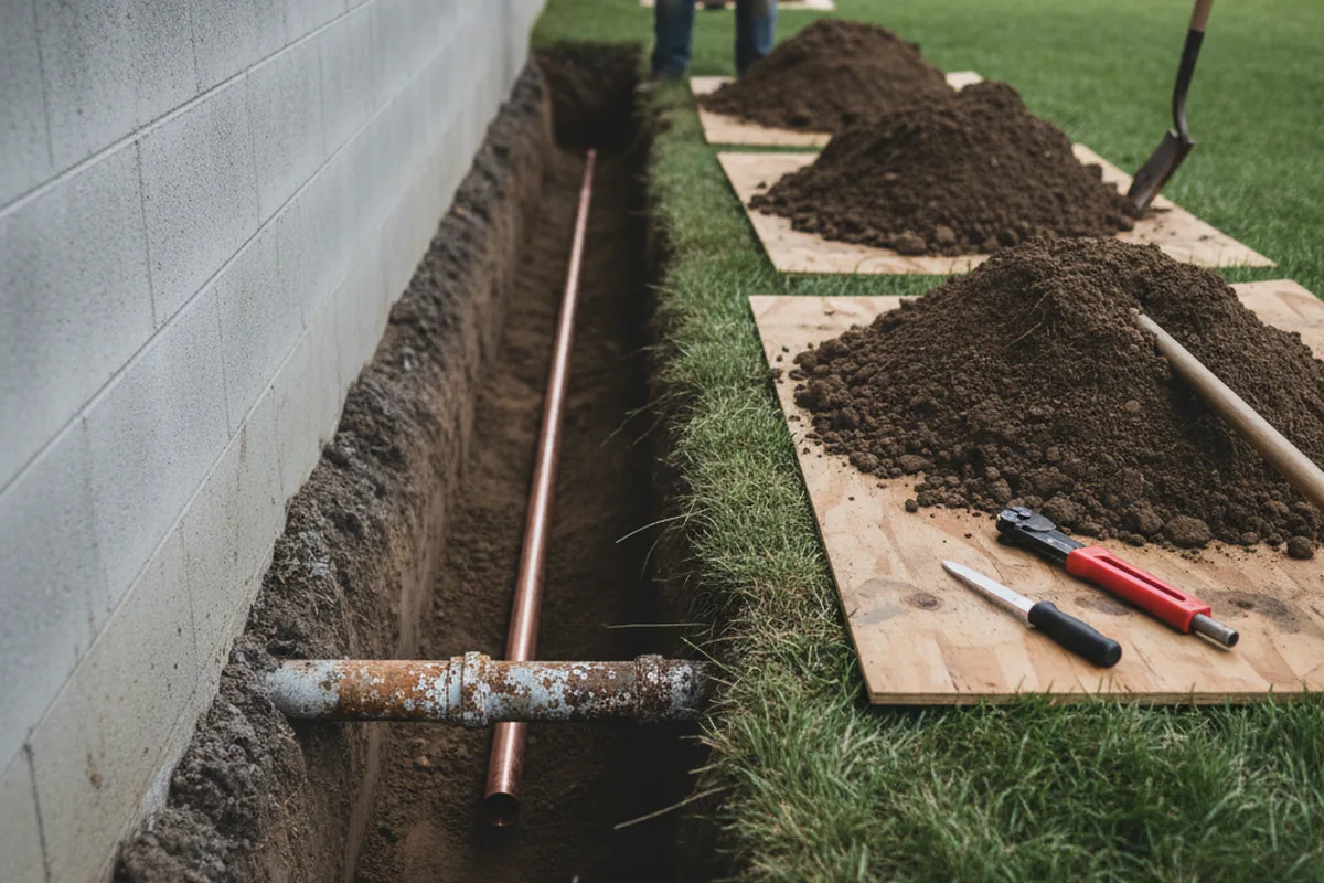 Excavated water line trench during Sewer Line Repair in Sound Beach